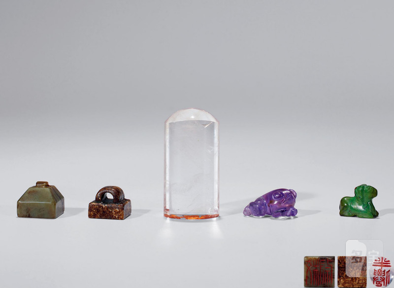 明清  水晶、碧玺、绿松、白玉等印章五件一组